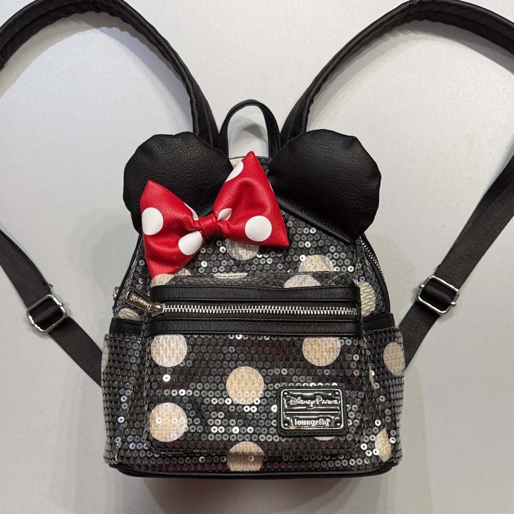 Disney Parks Loungefly Minnie Mouse Sequin Backpack - Black and Red